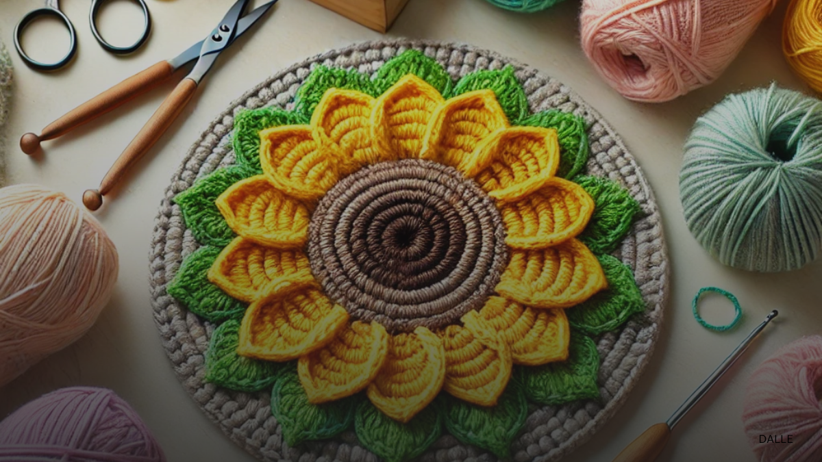 Adorable sunflower coaster crochet pattern with yellow petals and brown center, surrounded by colorful crochet tools.