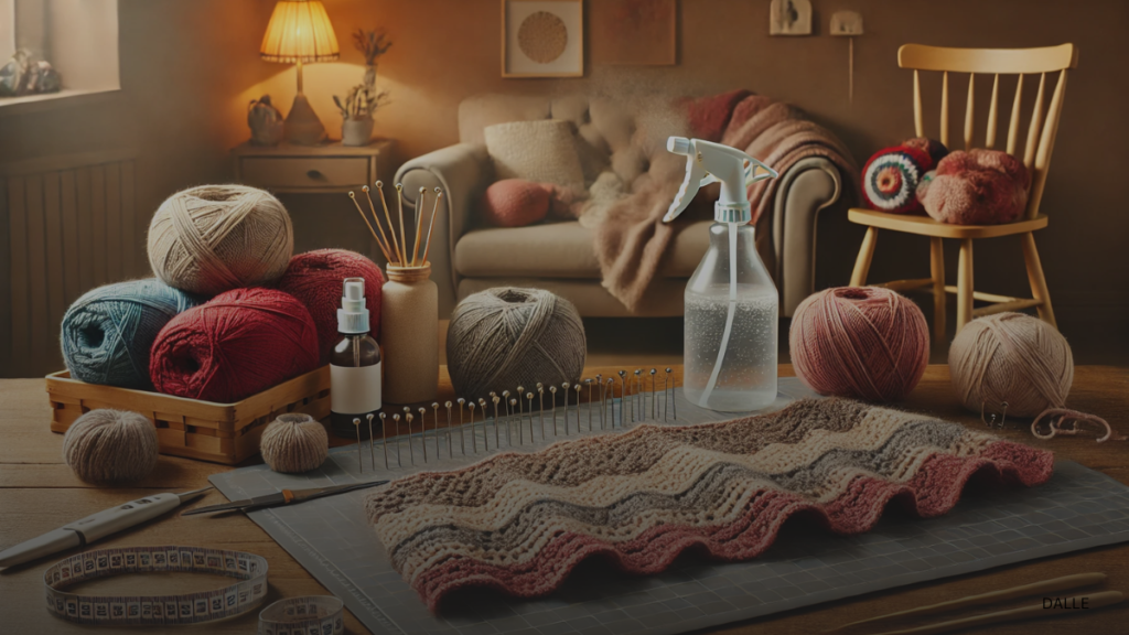 A cozy crochet setup showcasing various projects on a blocking mat with T-pins, a spray bottle, and a steamer.

