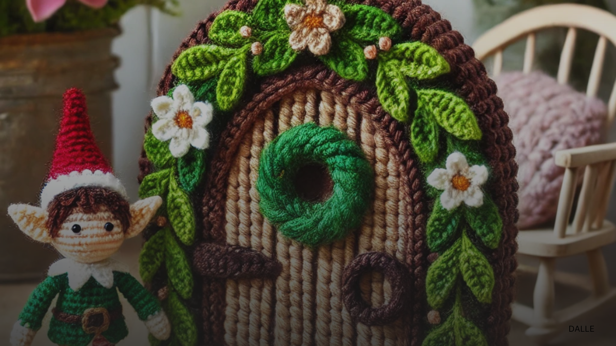 Whimsical elf door crochet Ornament pattern with leaves, flowers, and a cheerful elf in a cozy setting.