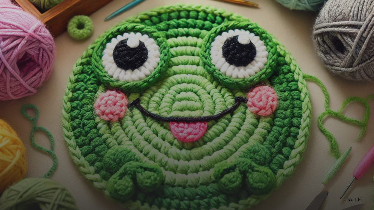 Cute frog coaster crochet pattern with green yarn, big eyes, and a smile, surrounded by colorful crochet tools.