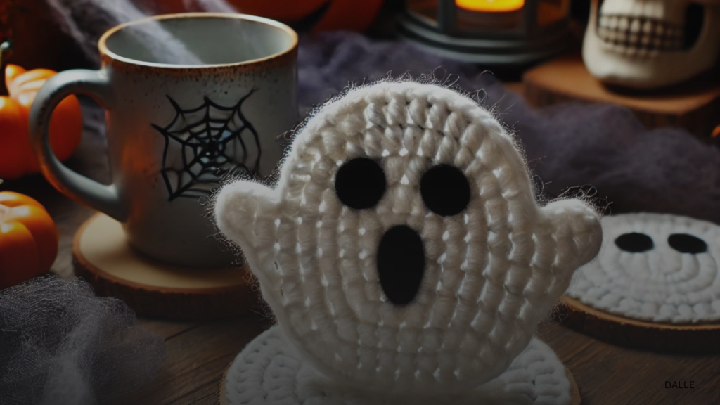 Halloween-themed ghost coaster crochet pattern with festive decorations.