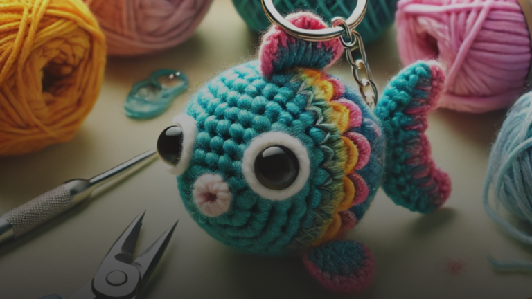 Cute fish keychain crochet pattern with colorful yarns, scales, fins, and a big eye, surrounded by crochet tools.