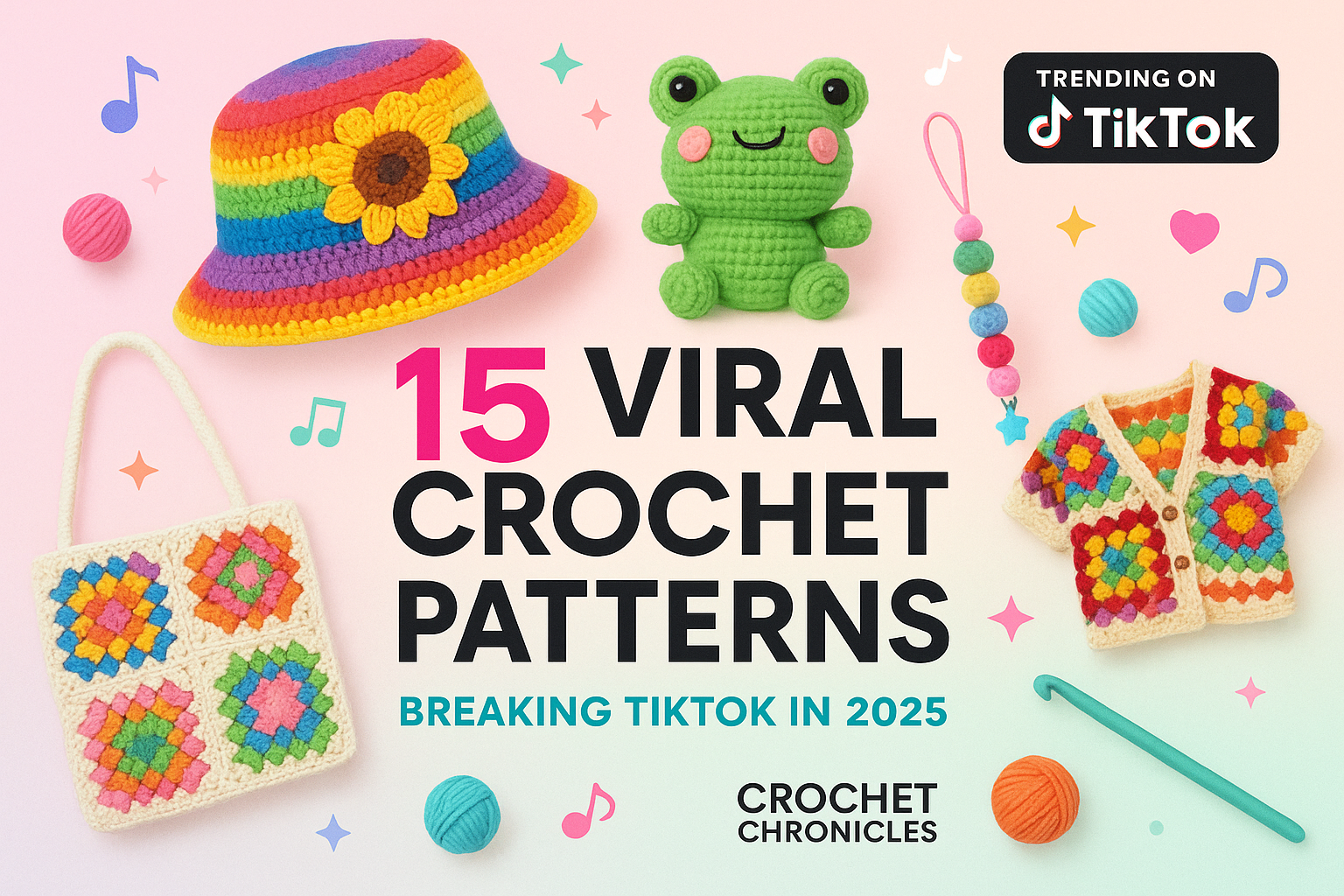 Viral crochet patterns trending on TikTok 2025 including bucket hats and amigurumi plushies